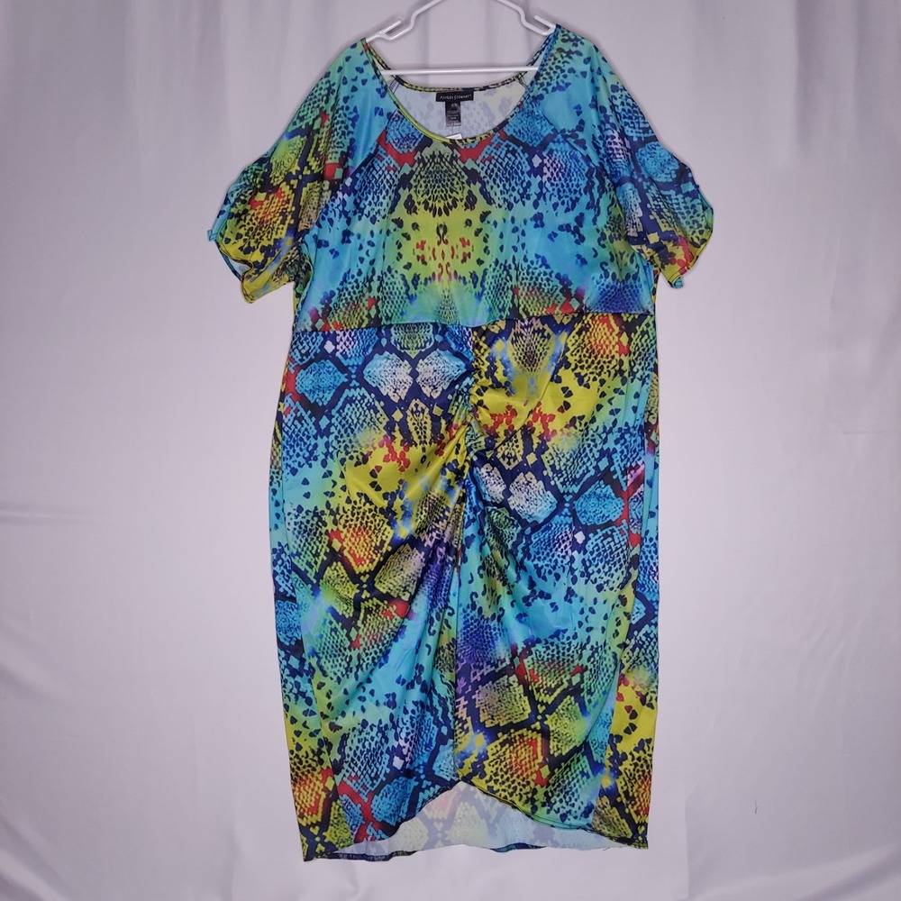 Ashley Stewart Dress‎ 34/36 Multicolor Animal Stretch Short Sleeve Ruched Midi